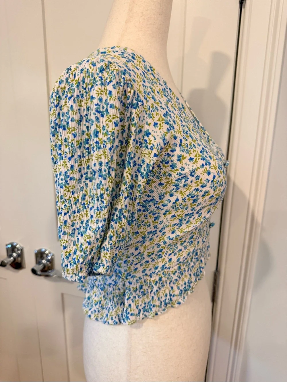 Faithfull the Brand Mona Blue and White Floral V-Neck Peplum Blouse